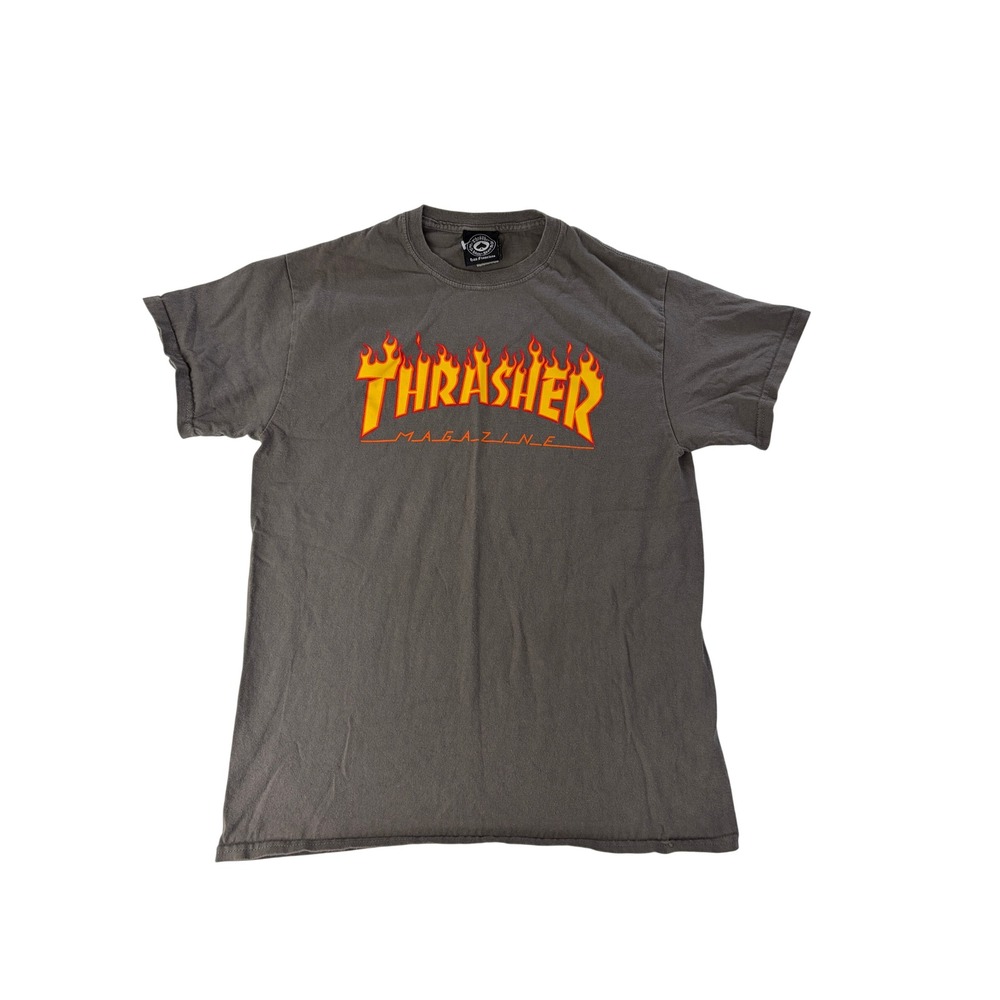 Thrasher Magazine T-Shirt Mens Medium Flame Logo Skate Graphic Grey Casual
